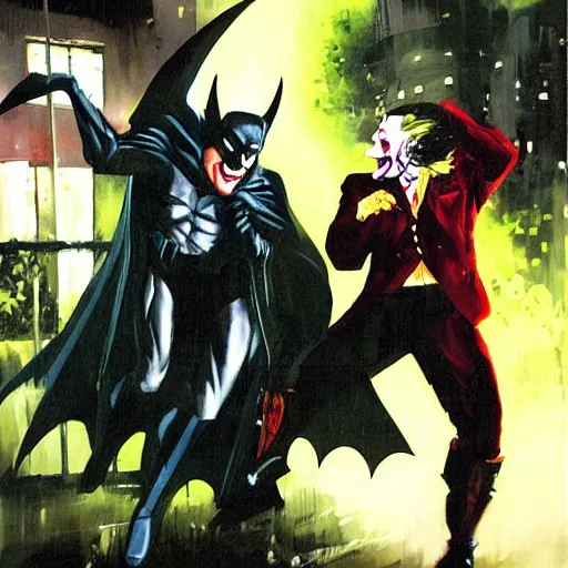 Image similar to batman fighting the joker in a garden by night in the style of phil hale