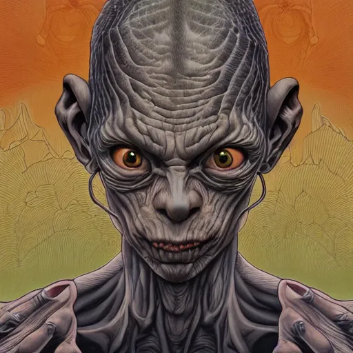 Prompt: portrait of gollum, symmetrical, by yoichi hatakenaka, masamune shirow, josan gonzales and dan mumford, ayami kojima, takato yamamoto, barclay shaw, karol bak, yukito kishiro