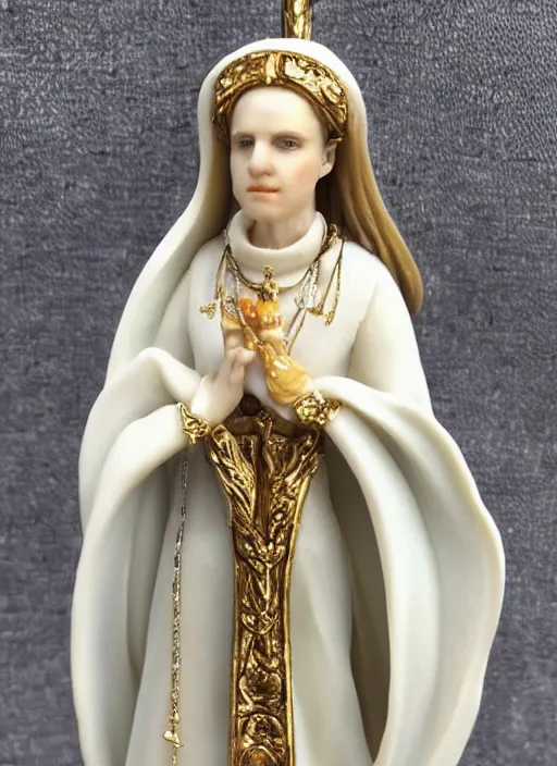 Prompt: 80mm resin detailed miniature of a beautiful bishop lady, clothed in white dress, long wand, olive skin, long blond hair, beautiful bone structure, symmetrical facial features, Product Introduction Photos, 4K, Full body