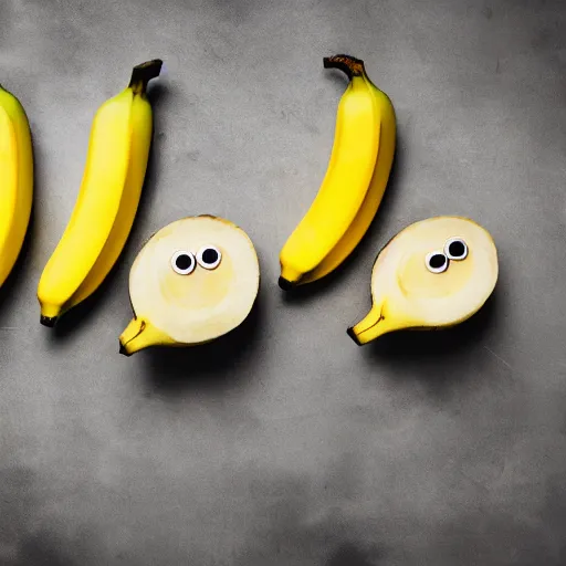 Image similar to professional photograph of banana ducks, peeled bananas with googly eyes and duck beaks