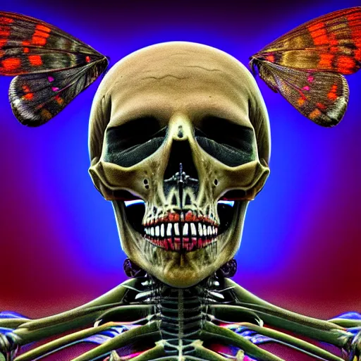 Image similar to a portrait of a skelton with moth wings, highly detailed, digital photo, hdri, by christopher bretz and john carpenter, vivid colors, high contrast, 8 k resolution, intricate, photorealistic, smooth, psychedelic color scheme, concept art, award winning, cg society contest winner