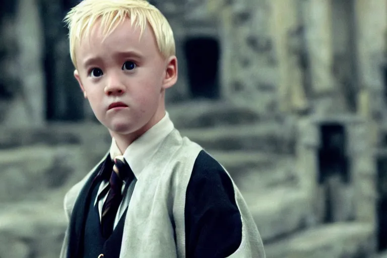 Image similar to film still Haley Joel Osment as Draco Malfoy wearing hogwarts uniform in Harry Potter movie