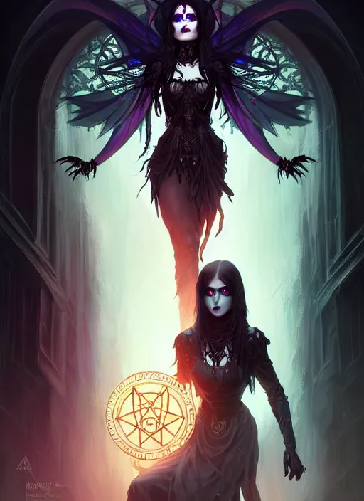 Image similar to Necromancer Sorceress goddess of death, background fantasy pentagram sorceress magic, undercut hairstyle, dark light night, intricate, elegant, sharp focus, illustration, highly detailed, digital painting, concept art, matte, art by WLOP and Artgerm and Greg Rutkowski and Alphonse Mucha, masterpiece