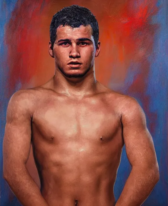 Prompt: portrait of a handsome young brazilian wrestler, art by denys tsiperko and bogdan rezunenko, hyperrealism