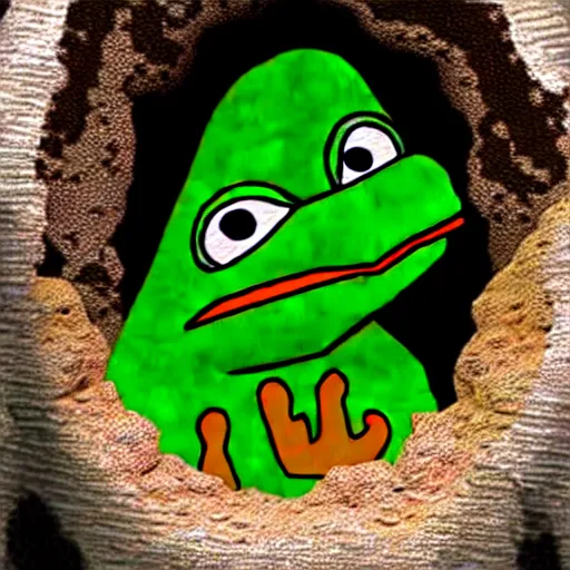 Image similar to dinosaur pepe in a cave