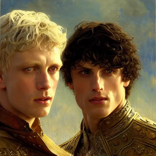 Image similar to arthur pendragon and merlin. close up of their faces. natural lighting. highly detailed painting by gaston bussiere, j. c. leyendecker, greg rutkowski 8 k