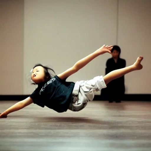Image similar to a still photo of a young japanese girl breakdancing