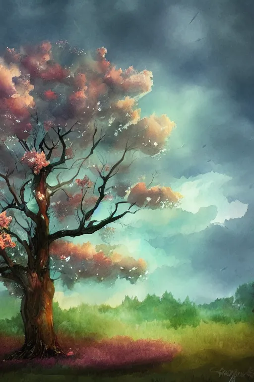 Prompt: beautiful digital watercolor painting of fantasy tree and sky background watercolor rain greg rutkowki artstation