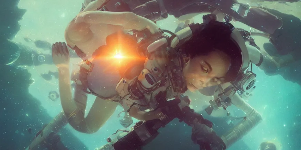 Prompt: Zoe Kravitz as astronaut, underwater in the ocean at night, atmospheric, volumetric lighting, glowing lights, 4k, octane, digital painting, artstation, concept art, sharp focus, illustration, art by artgerm and greg rutkowski and alphonse mucha