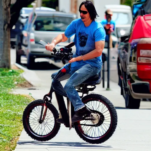 Image similar to Keanu RFeeves riding bike eating icecram cone