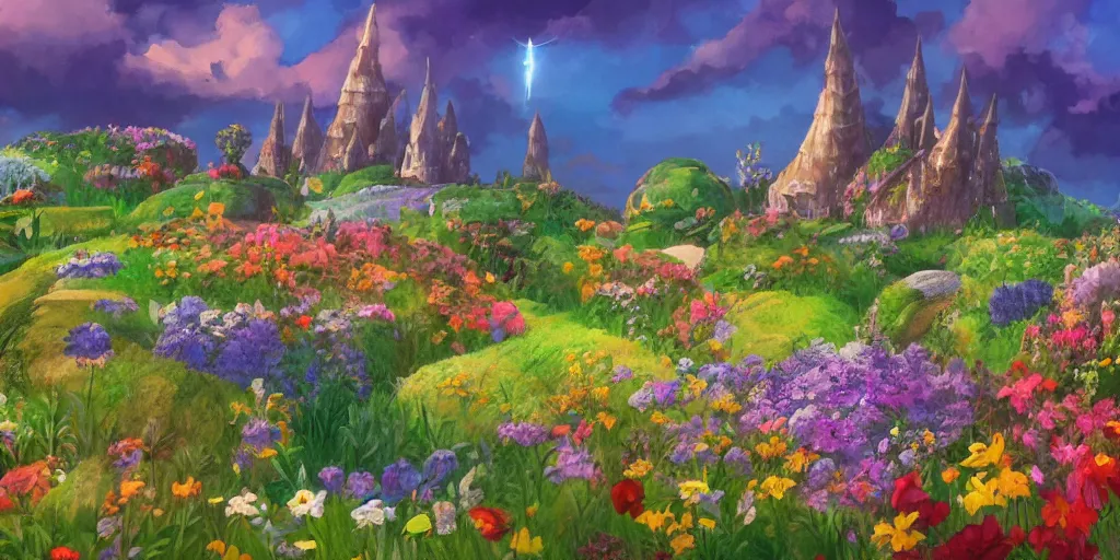 Image similar to a still of a background from howl's moving castle!!!!! of hobbiton, light bloom, flowers