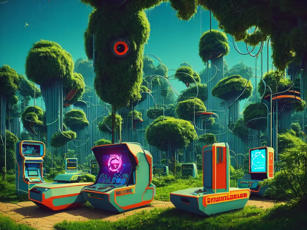 Image similar to 80s futuristic outdoor retro arcade, desolate, lush vegetation:: Simon Stålenhag and beeple and James Gilleard and Justin Gerard :: ornate, dynamic, particulate, intricate, elegant, highly detailed, centered, artstation, smooth, sharp focus, octane render, 3d