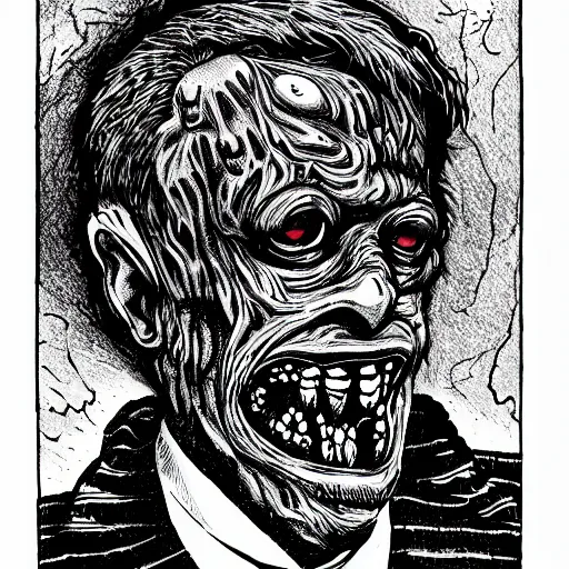 Image similar to a Pop Wonder scary horror themed goofy-hilarious-swamp-bog-monster-spaced-out-dead-head-with-space-in-his-oraphus, 3-piece-suit, dime-store-comic drawn with charcoal and pen and ink, half-tone-line-stacking