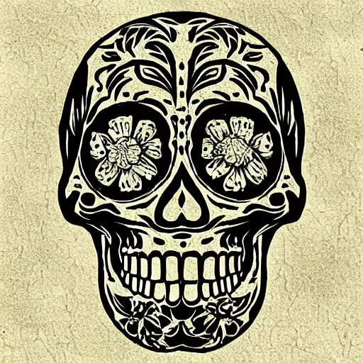 Image similar to “ sugar skull mirror image woodcut by mc escher and hp lovecraft ”