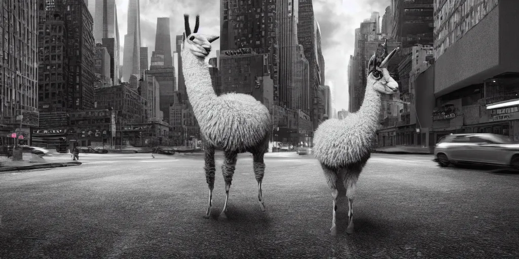 Image similar to a llama walking through a desolate manhattan city street at night, statue of liberty seen in the background, realistic 4 k octane beautifully detailed render, 4 k post - processing, highly detailed, detailed face, intricate complexity, epic composition, magical atmosphere, cinematic lighting, masterpiece, color picture, ultra hd