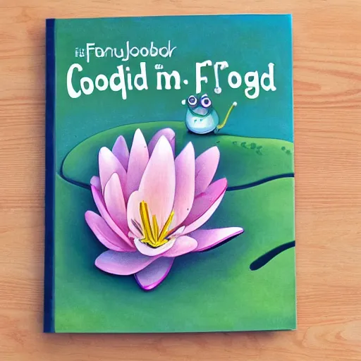 Image similar to cute children’s book illustration of a frog on a lily pad in a pond