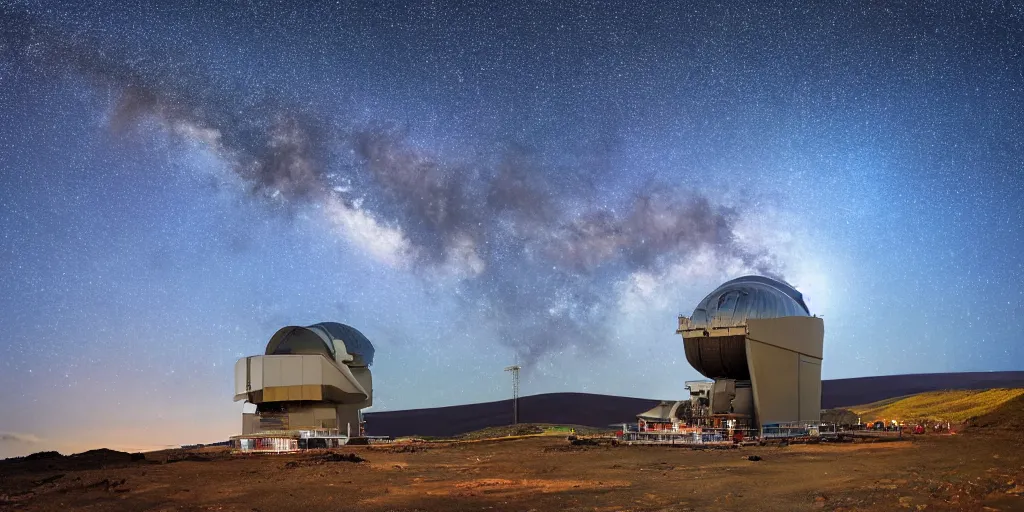 Prompt: huge telescope on mauna kea, big telescope in front, starry sky in background, blue color scheme, wide - angle lens, by hiroshige utakawa