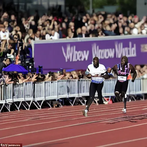 Prompt: photo finish as prince charles wins the 1 0 0 metres sprint in new world record