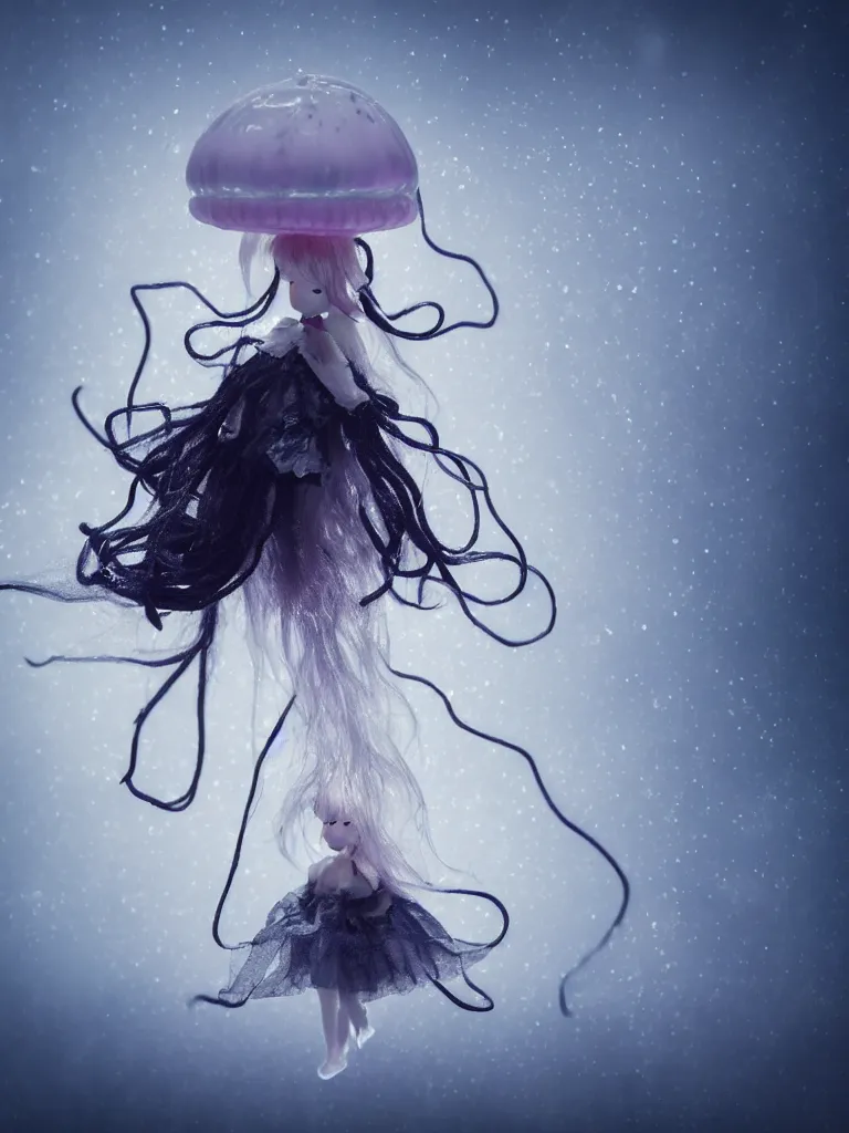 Image similar to cute fumo plush doll of an otherworldly translucent jellyfish goth maiden girl floating in the deep sea, mysterious tattered black tendrils and dress, wisps of volumetric fog and smoke, vignette, bokeh, vray