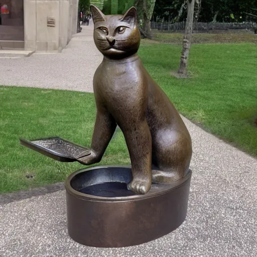 Prompt: a bronze cat sculpture which also seems to be an enormous ashtray, littered with cigarette bums