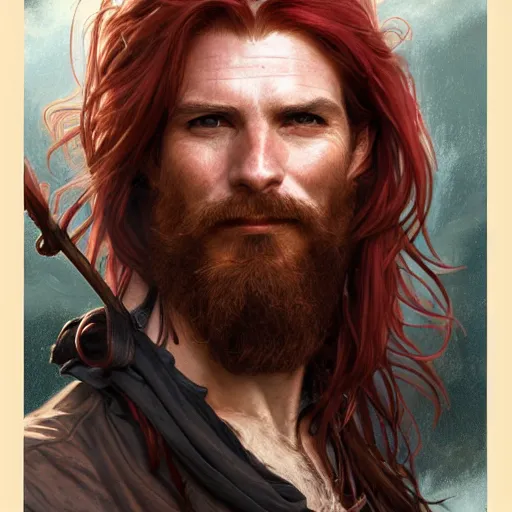 Image similar to portrait of a young ruggedly handsome but joyful pirate, male, masculine, upper body, red crimson hair, long long flowing hair, fantasy, smug smirk, intricate, elegant, highly detailed, digital painting, artstation, concept art, matte, sharp focus, illustration, art by artgerm and greg rutkowski and alphonse mucha