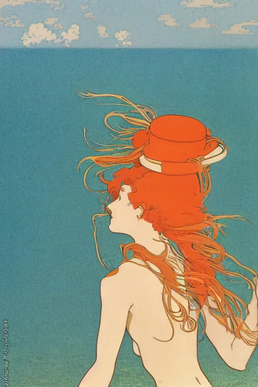 Image similar to A girl in a white lacy bikini and white sun hat and Holding a heart-shaped lifebuoy, jumping for joy,long orange hair floating on air ,Smooth visual lines,graphic Design by mucha and Waves and splashes,beach by studio ghibli