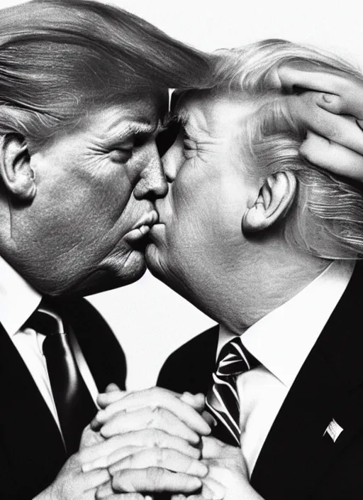 Prompt: beautiful high quality romantic portrait photo of donald trump kissing donald trump. hq. donald trump and donald trump kissing on the lips. two donald trumps kissing each other. donald trump passionately kissing donald trump. clear professional photo.