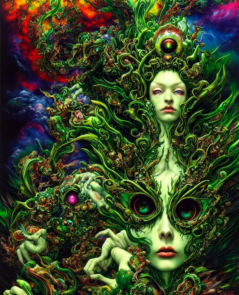 Image similar to realistic detailed image of green mega god of chaos, depth perception, depth of field, action horror by lisa frank, ayami, karol bak, neo - gothic, gothic, rich deep colors, part by adrian ghenie and gerhard richter. art by yoshitaka amano. masterpiece