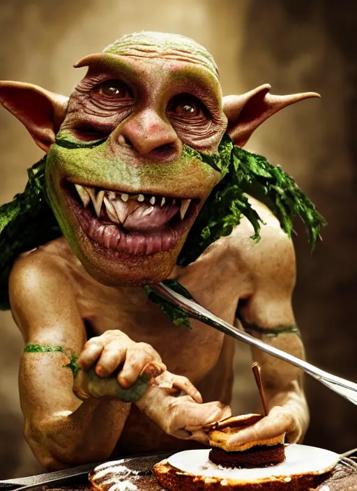 Image similar to closeup portrait of a medieval goblin eating cakes, depth of field, zeiss lens, detailed, symmetrical, centered, fashion photoshoot, by Annie Leibovitz and Steve McCurry, David Lazar, Jimmy Nelsson, Breathtaking, 8k resolution, extremely detailed, beautiful, establishing shot, artistic, hyperrealistic, beautiful face, octane render