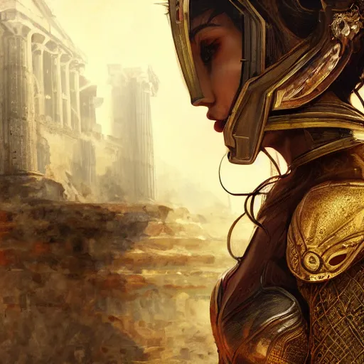 Prompt: portrait knights of Zodiac girl, metallic black and reddish color reflected armor, in ruined Agora of Athens, ssci-fi, fantasy, intricate, very very beautiful, elegant, golden light, highly detailed, digital painting, artstation, concept art, smooth, sharp focus, illustration, art by WLOP and tian zi and alphonse mucha