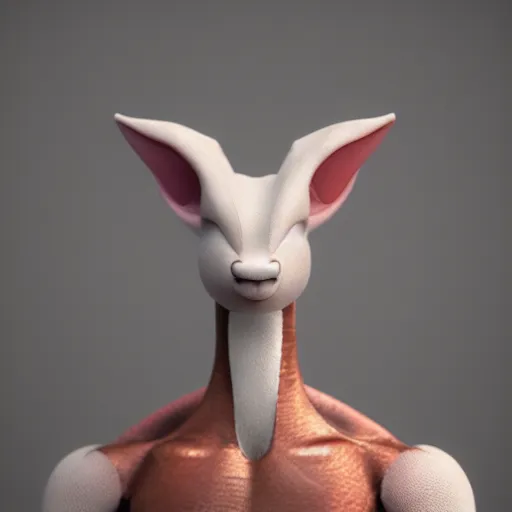 Image similar to realistic portrait of mewtwo, 1 0 0 mm, octane render, studio lighting