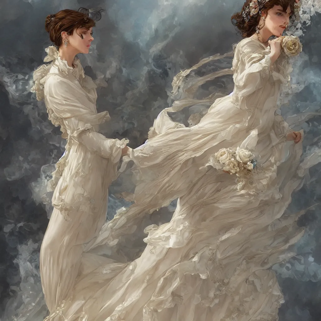 Image similar to lady dressed in a vaporous wrapped large victorian cream roses silk semi-transparent blue and cream dress fashion is running D&D, fantasy, intricate, elegant, highly detailed, digital painting, artstation, concept art, matte, sharp focus, illustration, art by Artgerm and Greg Rutkowski and Alphonse Mucha