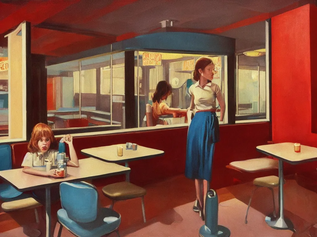 Prompt: lone girl waiting inside a 70s diner, stanley kubrick the shinning, american gothic, vibrant colors americana, cinematic, volumetric lighting, ultra wide angle view, realistic, detailed painting in the style of Edward Hopper and René Magritte