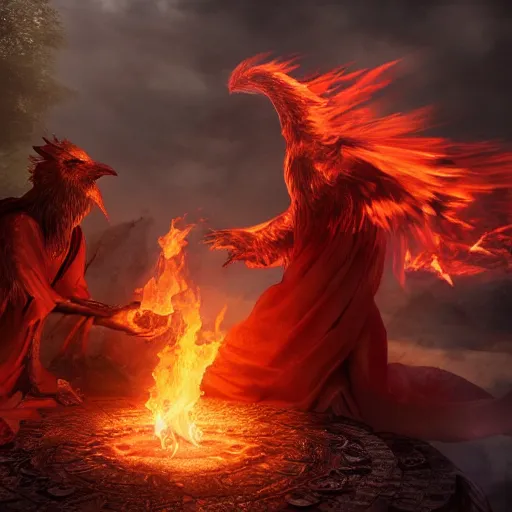 Prompt: fire mage summoning human size firebird : : wow 4 k detail fantasy, cgsociety, matte painting, wow, realistic materials, photo realistic, postprocessing