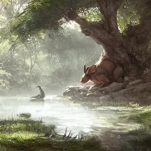 Image similar to a rabbit in the forest by a river, by stanley lau and greg rutkowski