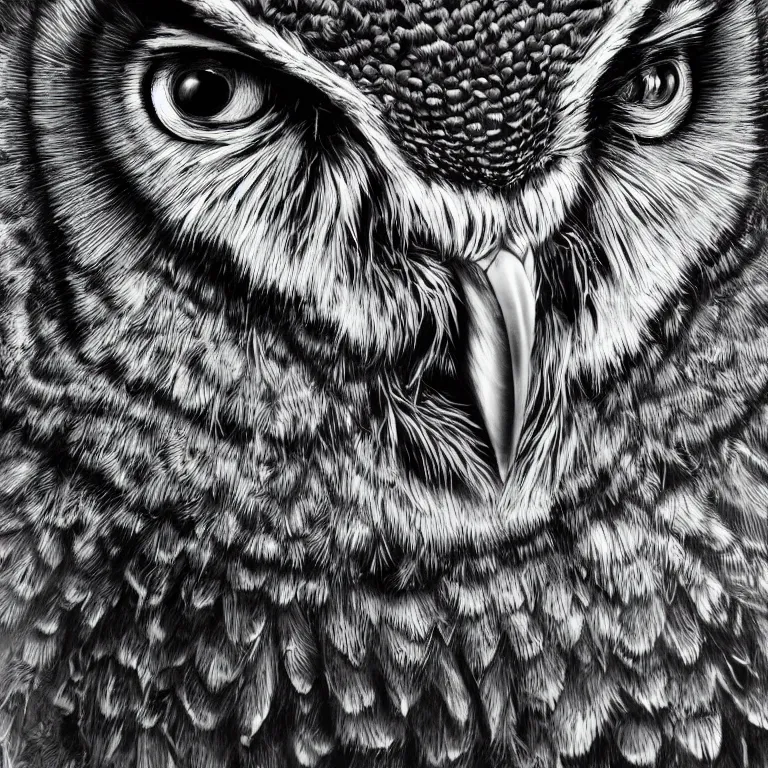 Prompt: beautiful hyperrealist highly detailed cinematic lighting studio portrait of a great horned owl, symmetrical full body, high contrast wood engraving, kentaro miura and junji ito manga style, shocking detail trending on artstation 8 k