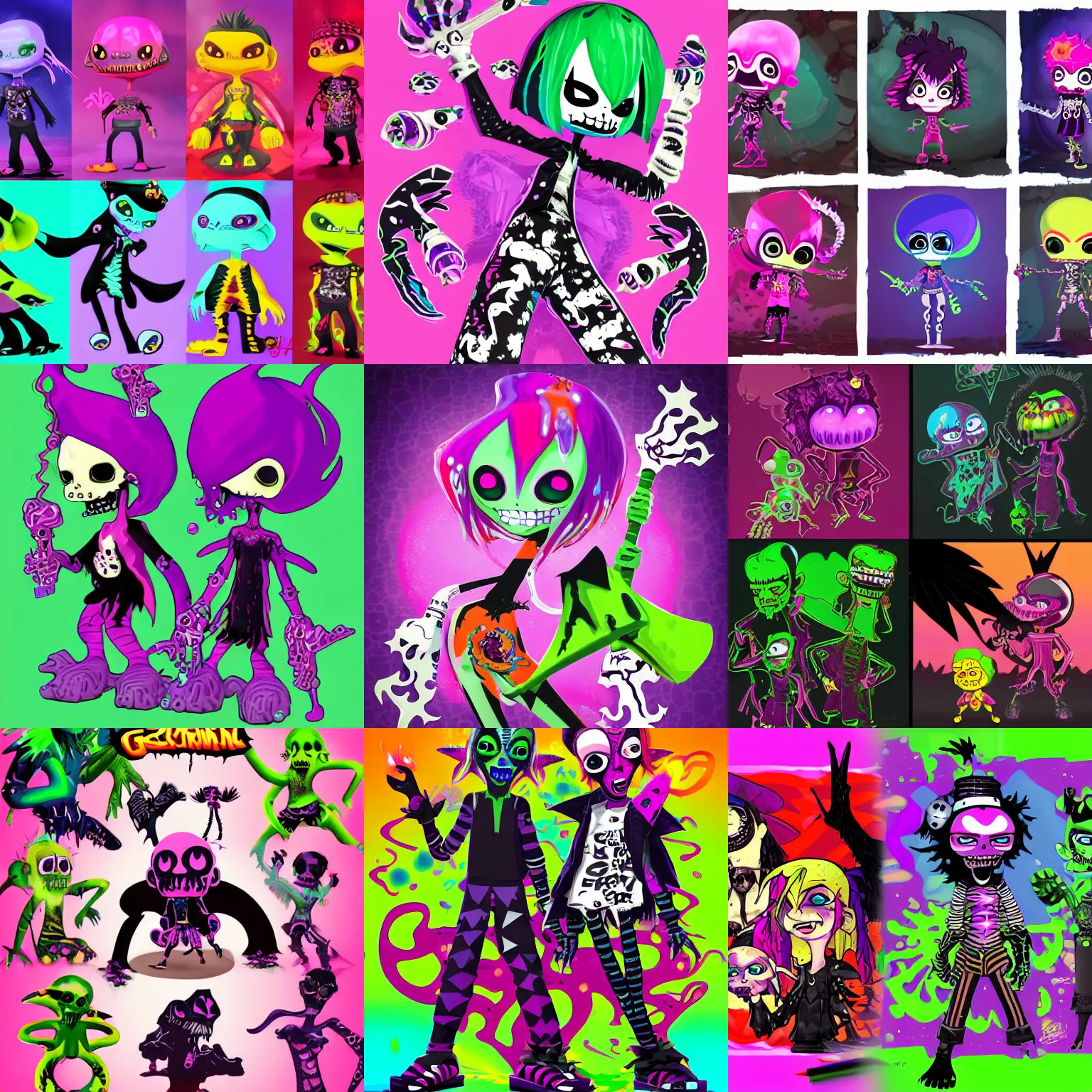 Prompt: CGI lisa frank gothic punk toxic glow in the dark bones vampiric rockstar vampire squid concept character designs of various shapes and sizes by genndy tartakovsky and the creators of fret nice at pieces interactive and splatoon by nintendo for the new psychonauts game by doublefines tim shafer being overseen by Jamie Hewlett from gorillaz