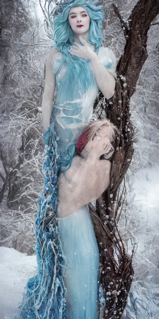 Prompt: goddess of winter in a zen rock garden, by Peter Kemp, ice blue, glamorous hairstyle, frost clings to her skin, wearing translucent white and ice blue Enjolras fashion, lost in the moment, winter, art nouveau by Brian Froud, frozen tear, berries, a heron, evergreen branches, by Alphonse Mucha