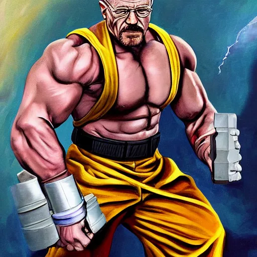 Prompt: walter white as a bodybuilder thanos with the infinity gauntlet, artstation hall of fame gallery, editors choice, #1 digital painting of all time, most beautiful image ever created, emotionally evocative, greatest art ever made, lifetime achievement magnum opus masterpiece, the most amazing breathtaking image with the deepest message ever painted, a thing of beauty beyond imagination or words, 4k, highly detailed, cinematic lighting