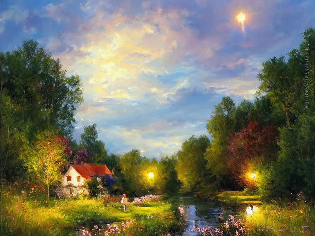 Prompt: A beautiful night in the swedish countryside, painting by Vladimir Volegov