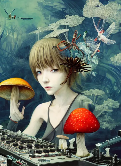 Image similar to surreal gouache painting, by yoshitaka amano, by ruan jia, by Conrad roset, by good smile company, detailed anime 3d render of a wild mushroom Surrounded by magical dragonfly and a big DJ Mixer, deck, portrait, cgsociety, artstation, rococo mechanical and Digital and electronic, dieselpunk atmosphere