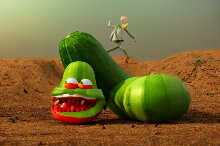 Image similar to detailed 3 d render of a mad zucchini with a long sword running down a dirt road chasing after a panicking tomato, hyper realistic octane render, dramatic lighting, high speed chase, wide angle, nightmare, surrealism