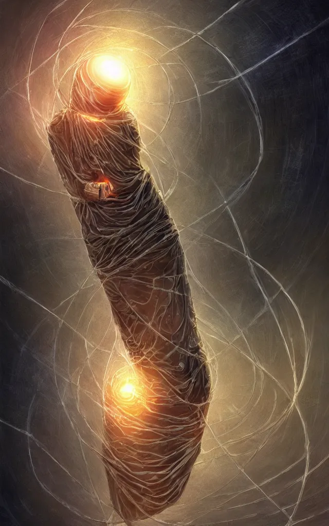 Image similar to human wrapped in a neural cyber cocoon plugged spirit machine, perfect future, award winning scifi art