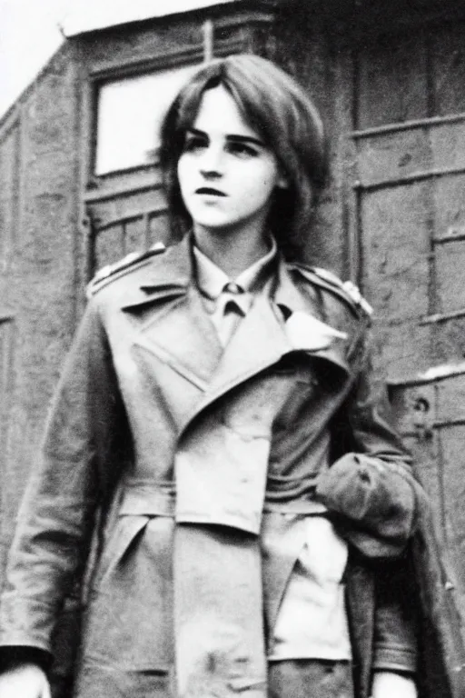 Image similar to photograph of soviet chekist comrade emma watson, standing in a long leather coat, vintage revolution photograph, famous photo from kgb archives