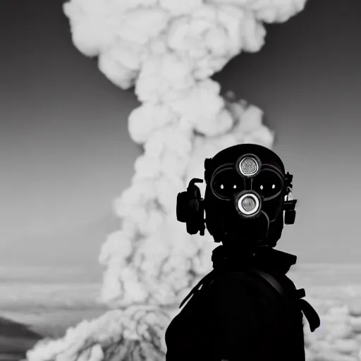 Prompt: A high armored white woman with a one red light eye gasmask standing in front of an erupting volcano, professional photography, black and white, cinematic, eerie