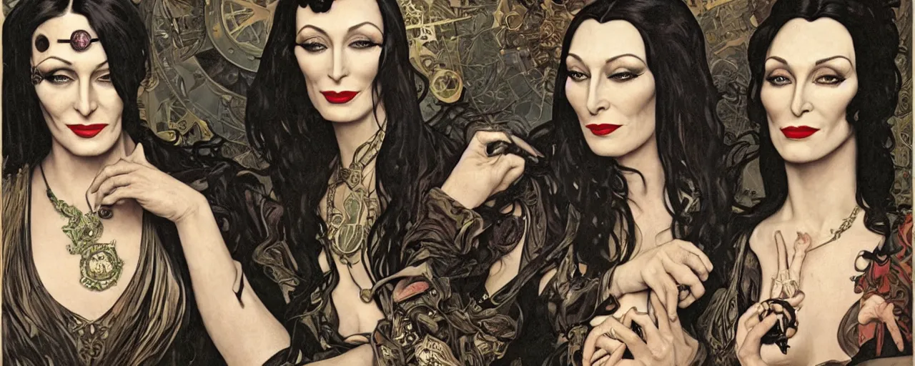 Image similar to stunning exotic art nouveau portrait of anjelica huston and morticia addams as industrial dieselpunk queens of the night by glenn fabry, simon bisley and alphonse mucha, photorealism, extremely hyperdetailed, perfect symmetrical facial features, perfect anatomy, ornate declotage, spikes, latex, confident expression, wry smile, sinister eyes