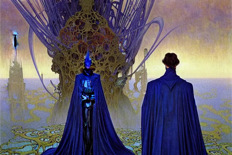 Prompt: realistic extremely detailed portrait painting of an elegantly creepy vampire man in a cape, futuristic sci-fi castle on background by Jean Delville, Amano, Yves Tanguy, Alphonse Mucha, Ernst Haeckel, Edward Robert Hughes, Roger Dean, rich moody colours, blue eyes