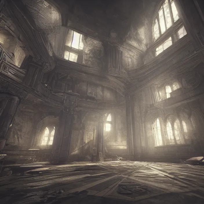 Image similar to interior mazelike architecture from quake, lovecraftian, liminal space, moody lighting, unreal engine 5, hyper detailed, hyper realistic