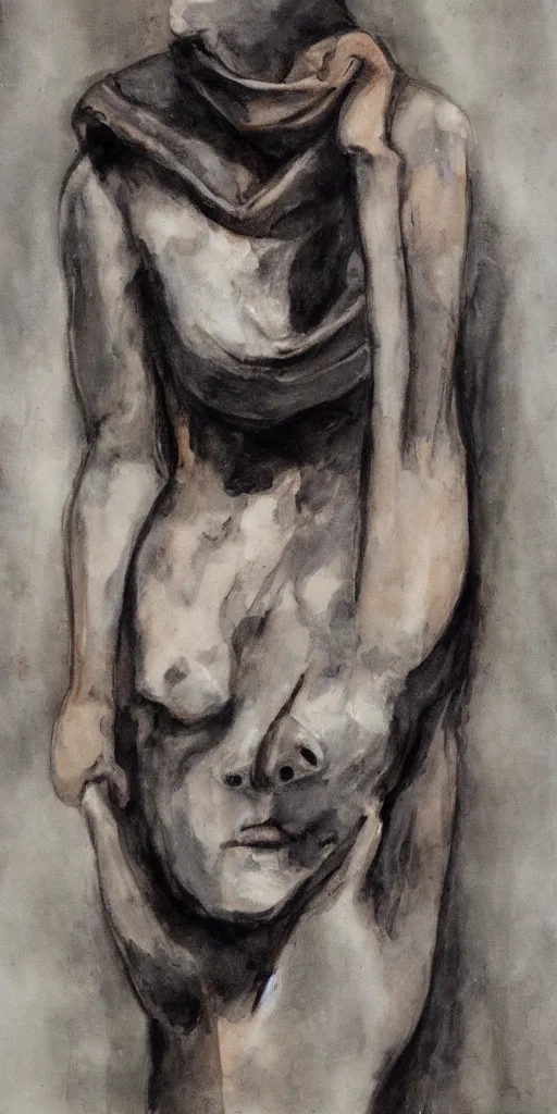 Prompt: boneyard cowl, fashion sketch 1 3 2 4. wet - on - wet grisaille on canvas, private collection