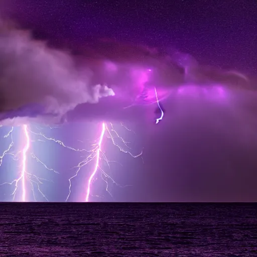 Image similar to purple color lighting storm with stormy sea, pirate ship firing its cannons real life trippy nebula sky 50mm shot